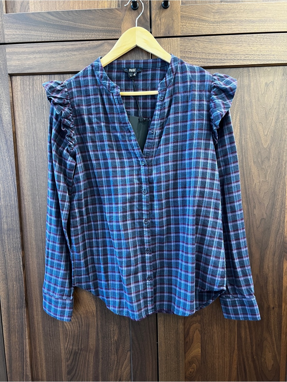 PAIGE Navy and Teal Plaid Ruffle-Shoulder Button-Front Shirt